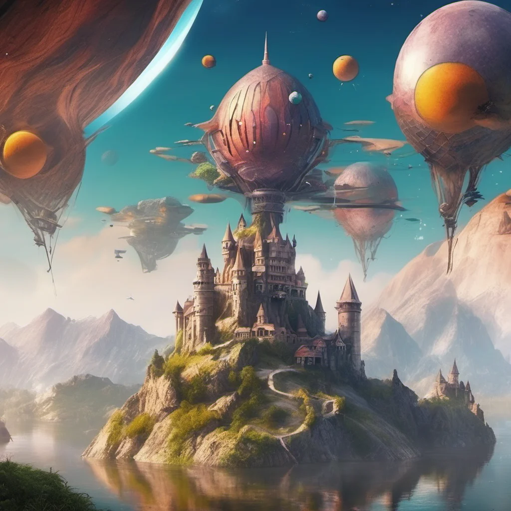 beautiful environment castle on mountains with lakes colorful planets above small flying airships