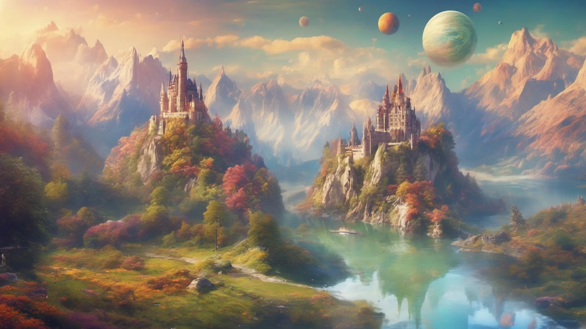aibeautiful environment castle on mountains with lakes colorful planets amazing awesome portrait 2 wide