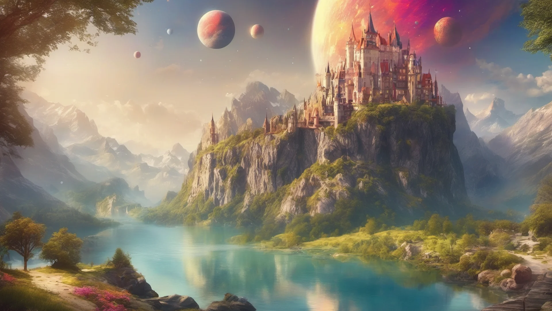 beautiful environment castle on mountains with lakes colorful planets confident engaging wow artstation art 3 wide