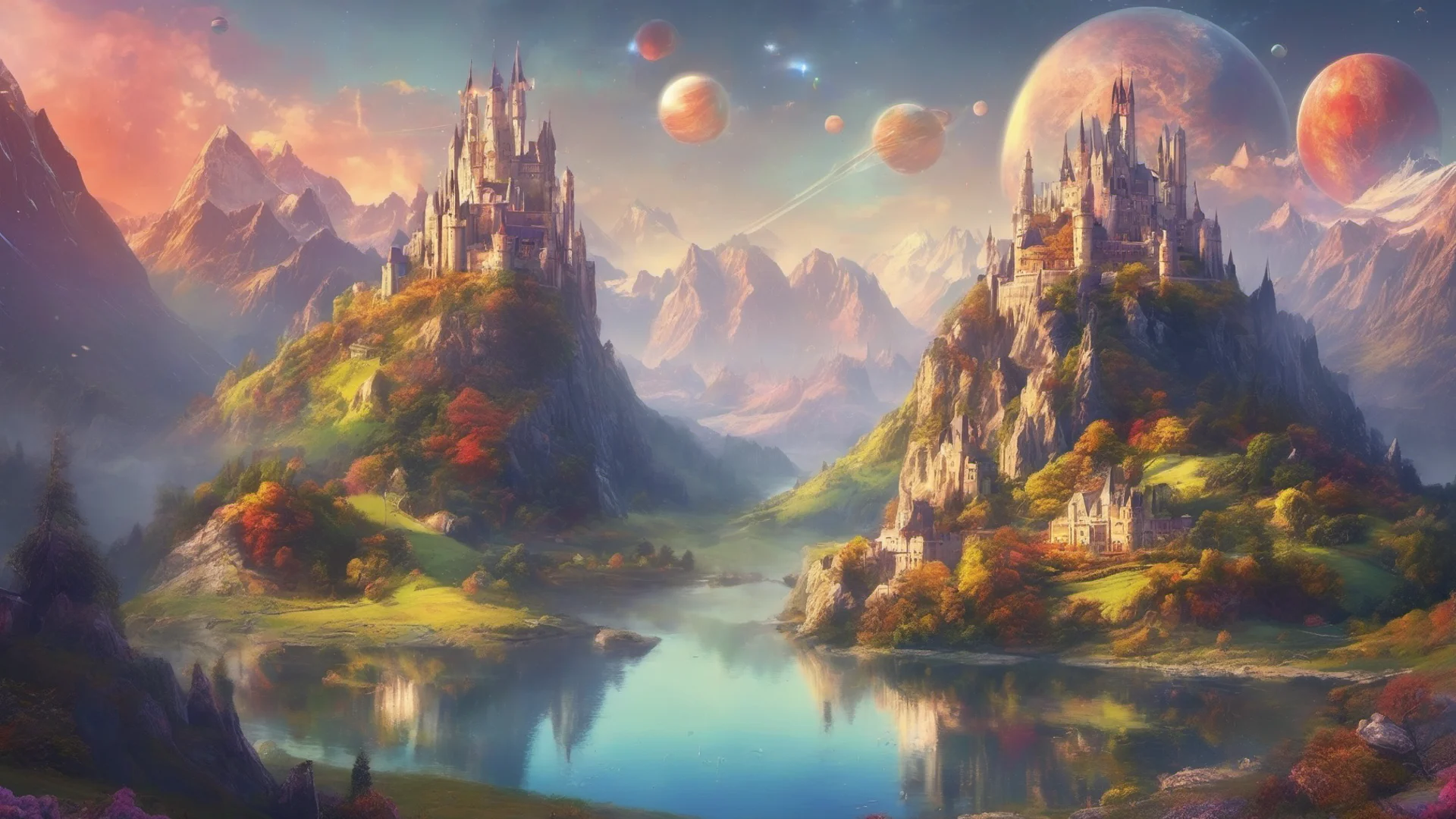 aibeautiful environment castle on mountains with lakes colorful planets good looking trending fantastic 1 wide