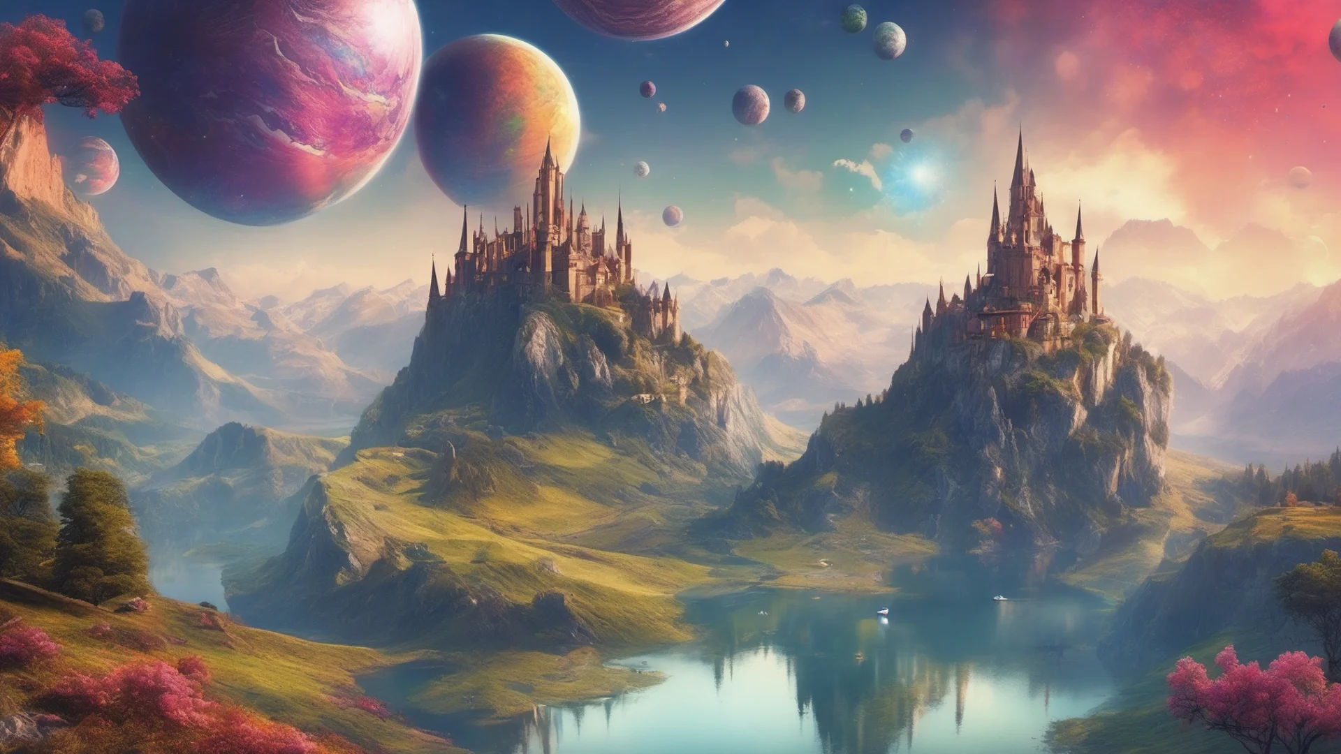 beautiful environment castle on mountains with lakes colorful planets wide