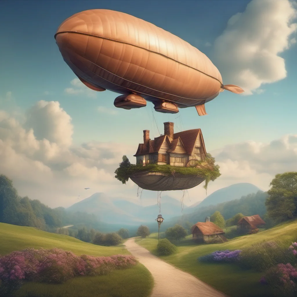 beautiful fantasy landscape flying blimp cottage on path to sweeping views confident engaging wow artstation art 3