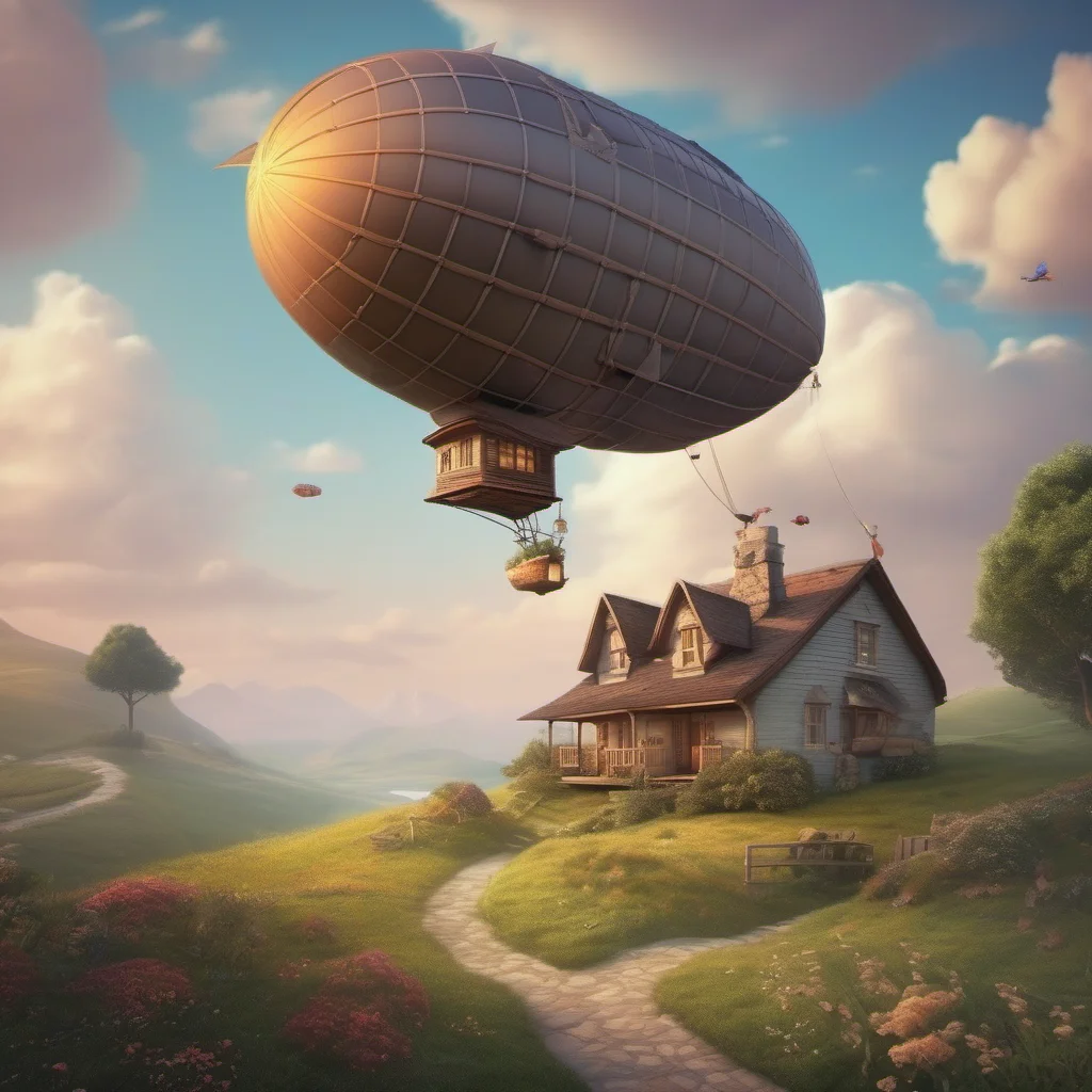 beautiful fantasy landscape flying blimp cottage on path to sweeping views
