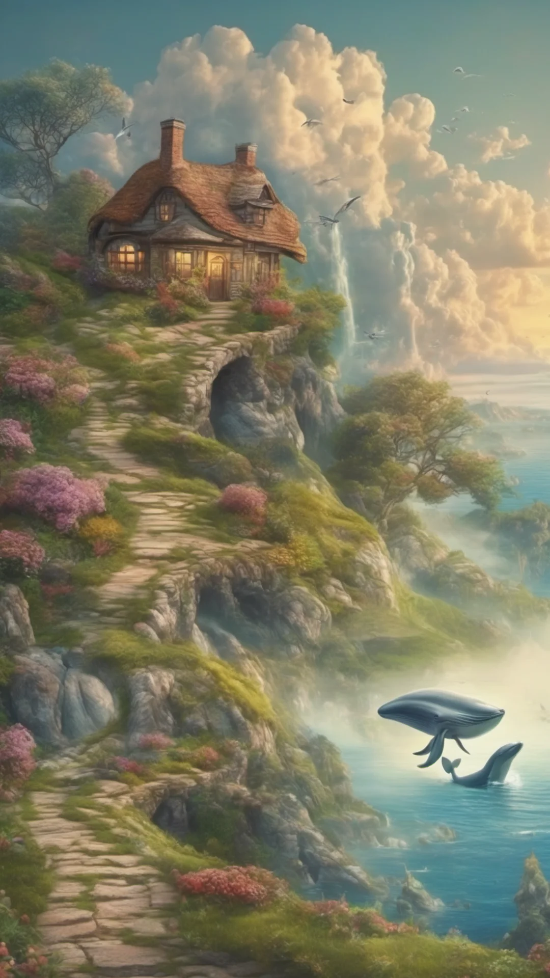 beautiful fantasy landscape flying whale cottage on path to sweeping views amazing awesome portrait 2 tall