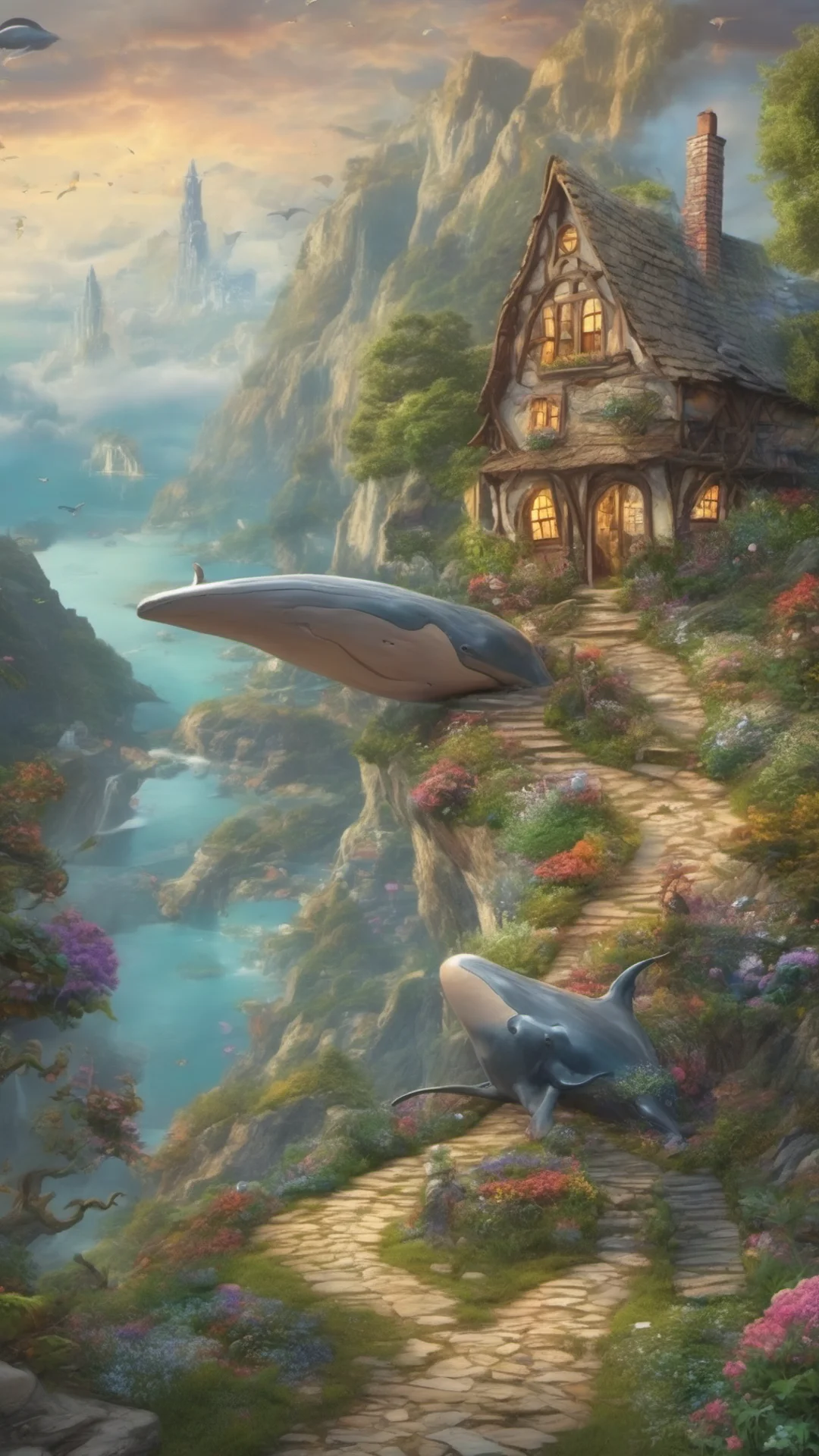 beautiful fantasy landscape flying whale cottage on path to sweeping views tall