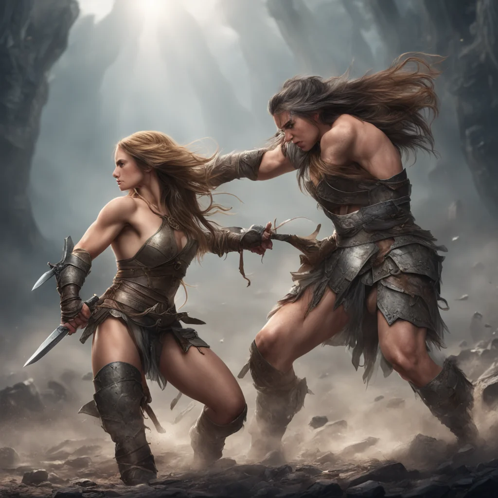 beautiful female warrior has been knocked off by a giant in fight