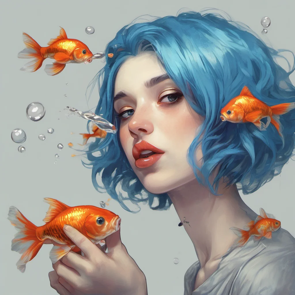 beautiful girl with blue hair biting off the head of a goldfish amazing awesome portrait 2