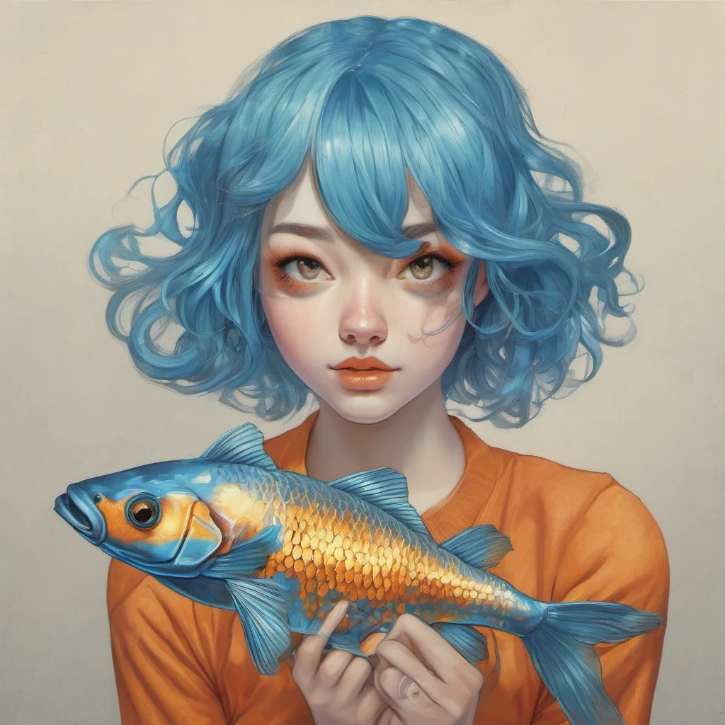 aibeautiful girl with blue hair biting off the head of a goldfish confident engaging wow artstation art 3