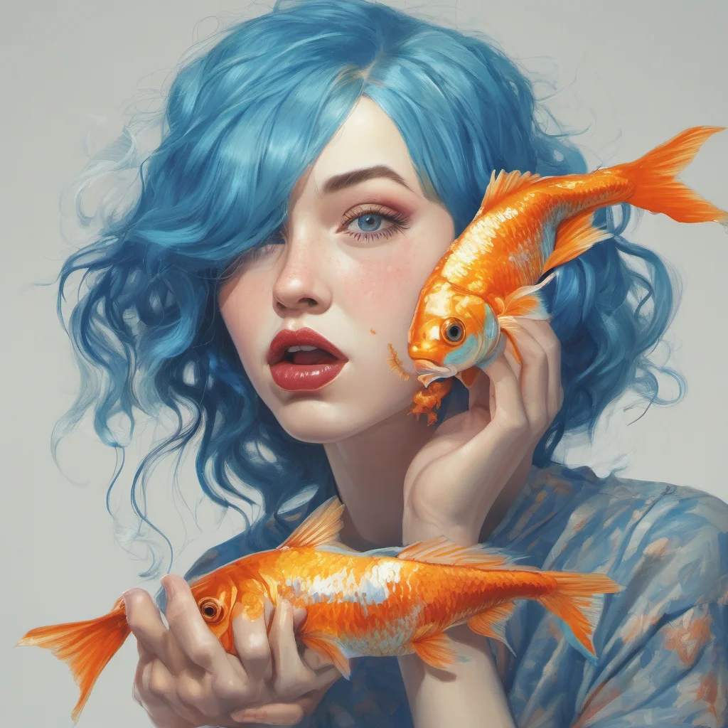 aibeautiful girl with blue hair biting off the head of a goldfish good looking trending fantastic 1