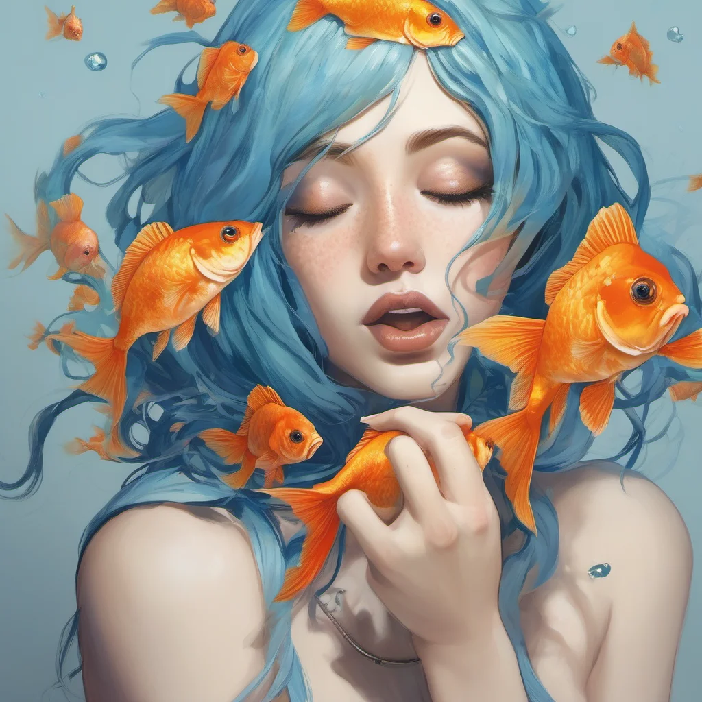 beautiful girl with blue hair biting off the head of a goldfish