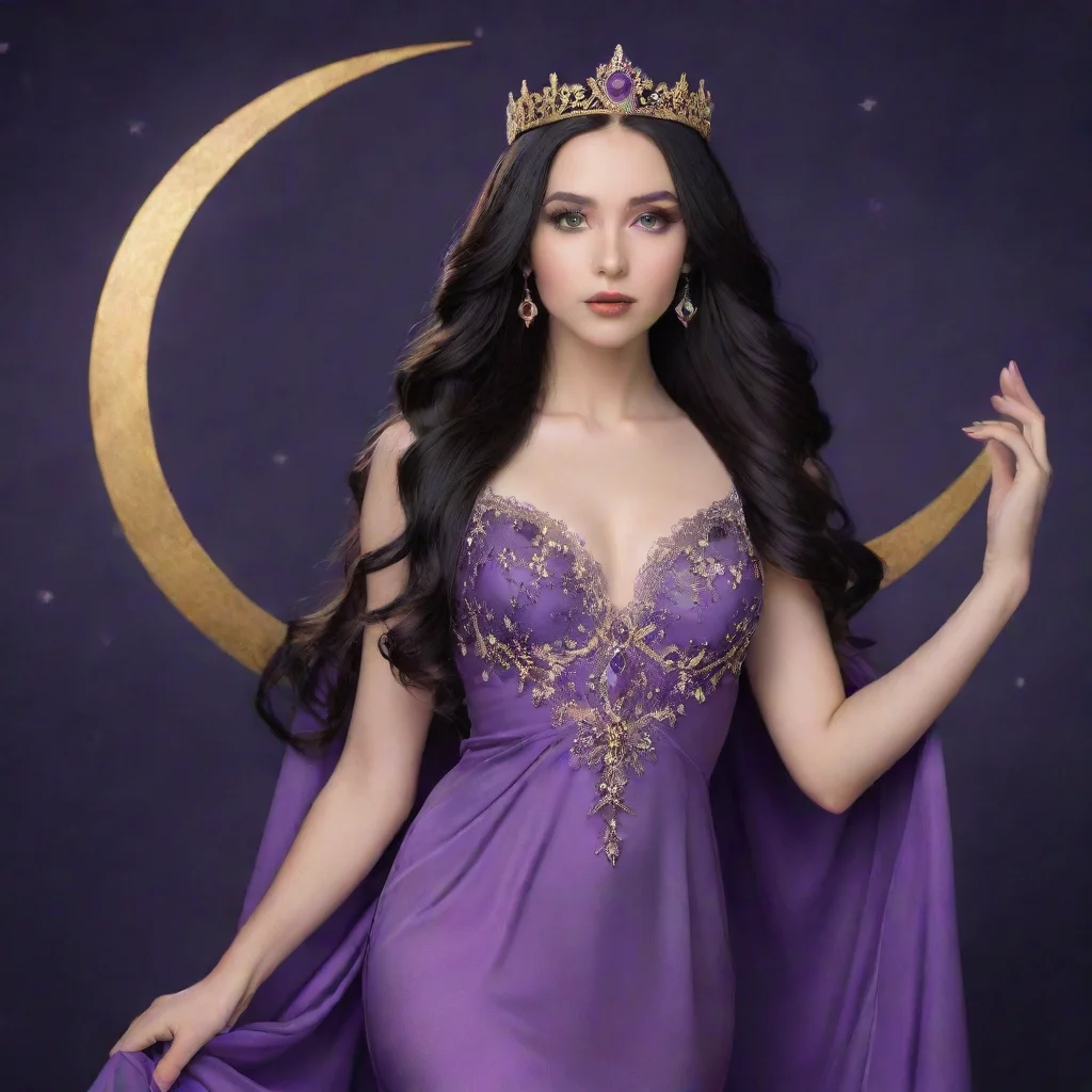 aibeautiful girl with long black hair%2C violet almond shaped eyes%2C wearing violet silk evening gown wearing a amethyst adorned golden metal crown%2C standing on a crescent moon
