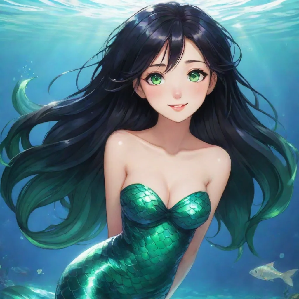aibeautiful happy anime mermaid with black hair and and green eyes