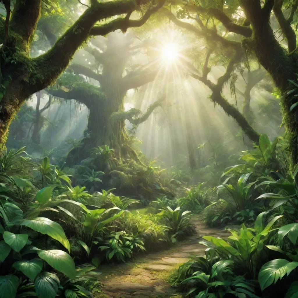 beautiful phantasy world with green jungle  sunshine morning light