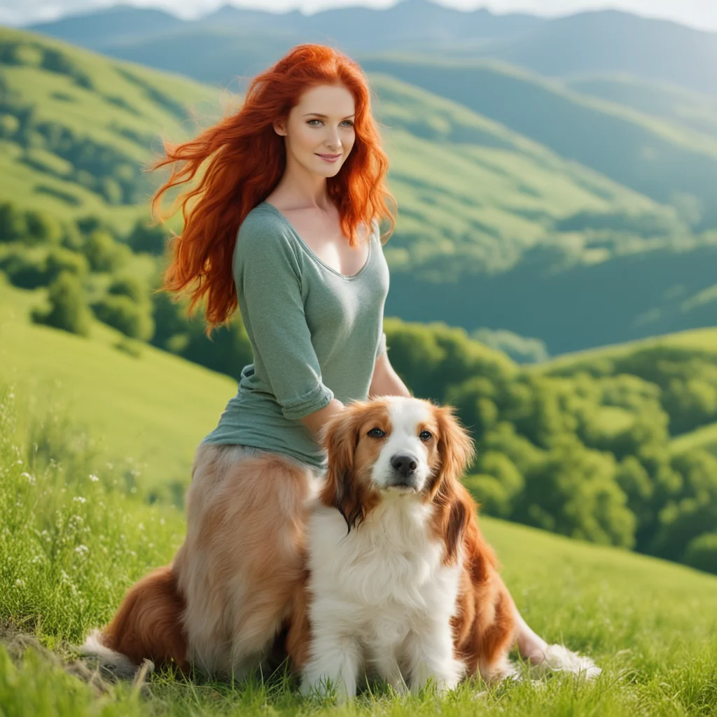 beautiful redhaired woman with a dog in front of a green valley on a sunny day amazing awesome portrait 2