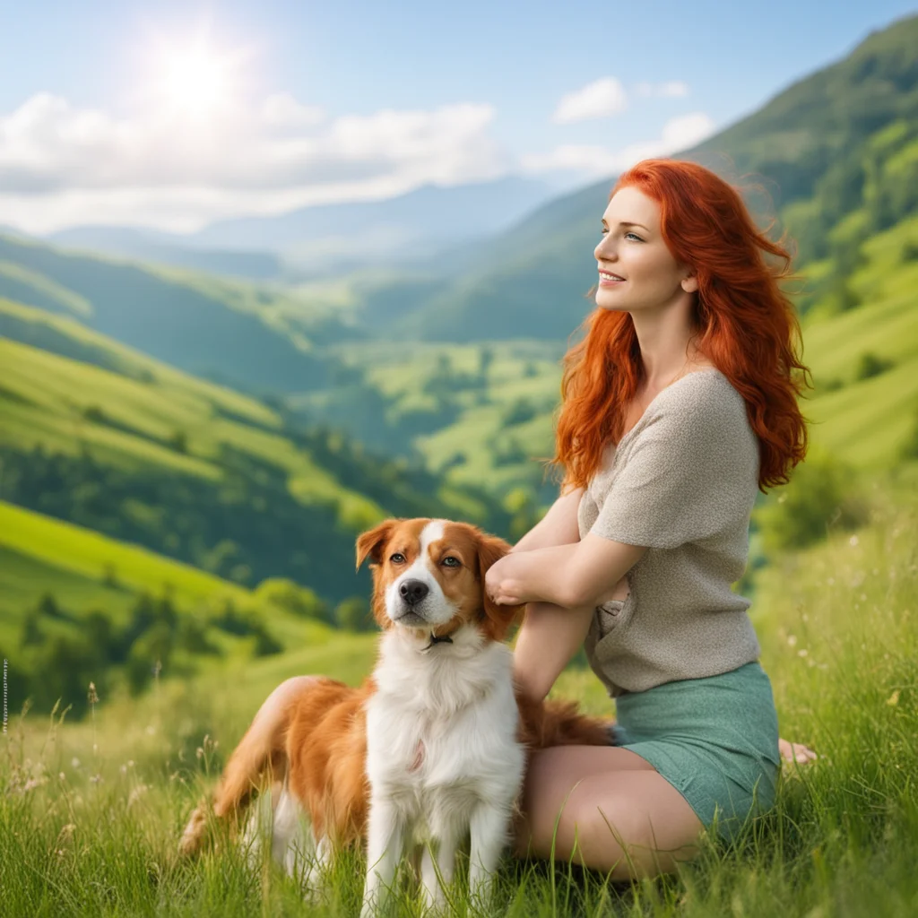 beautiful redhaired woman with a dog in front of a green valley on a sunny day good looking trending fantastic 1