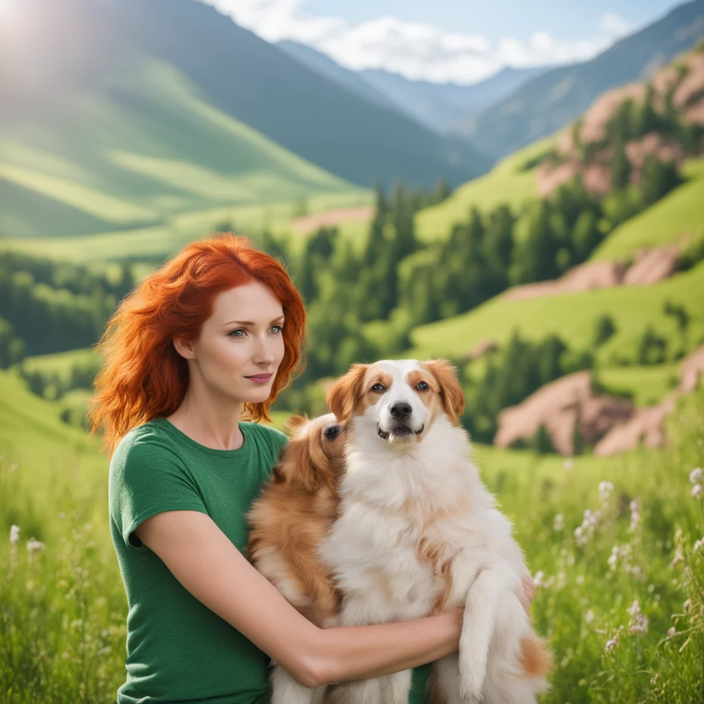 beautiful redhaired woman with a dog in front of a green valley on a sunny day