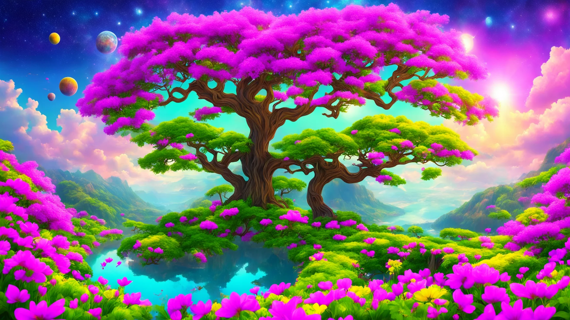 aibeautiful scenery amazing land peaceful flowers colorful world%2C beautiful tree and planet in sky amazing awesome portrait 2 wide