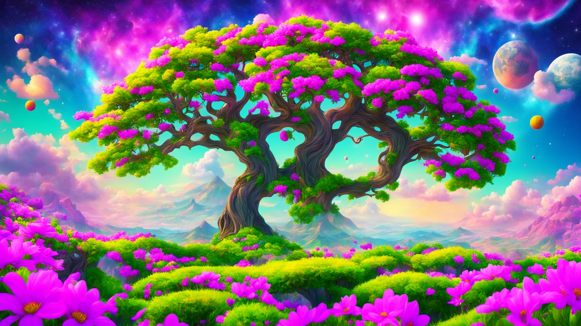 aibeautiful scenery amazing land peaceful flowers colorful world%2C beautiful tree and planet in sky confident engaging wow artstation art 3 wide