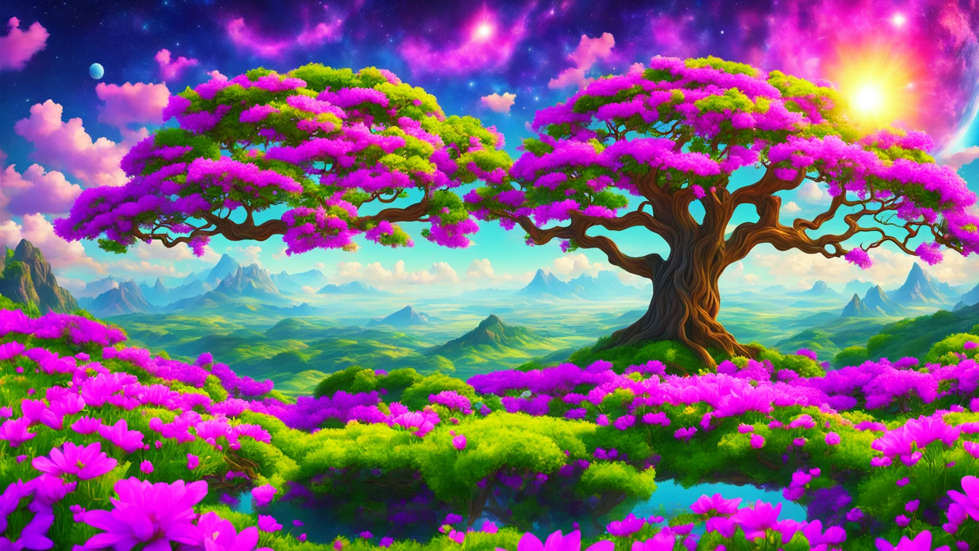 aibeautiful scenery amazing land peaceful flowers colorful world%2C beautiful tree and planet in sky good looking trending fantastic 1 wide