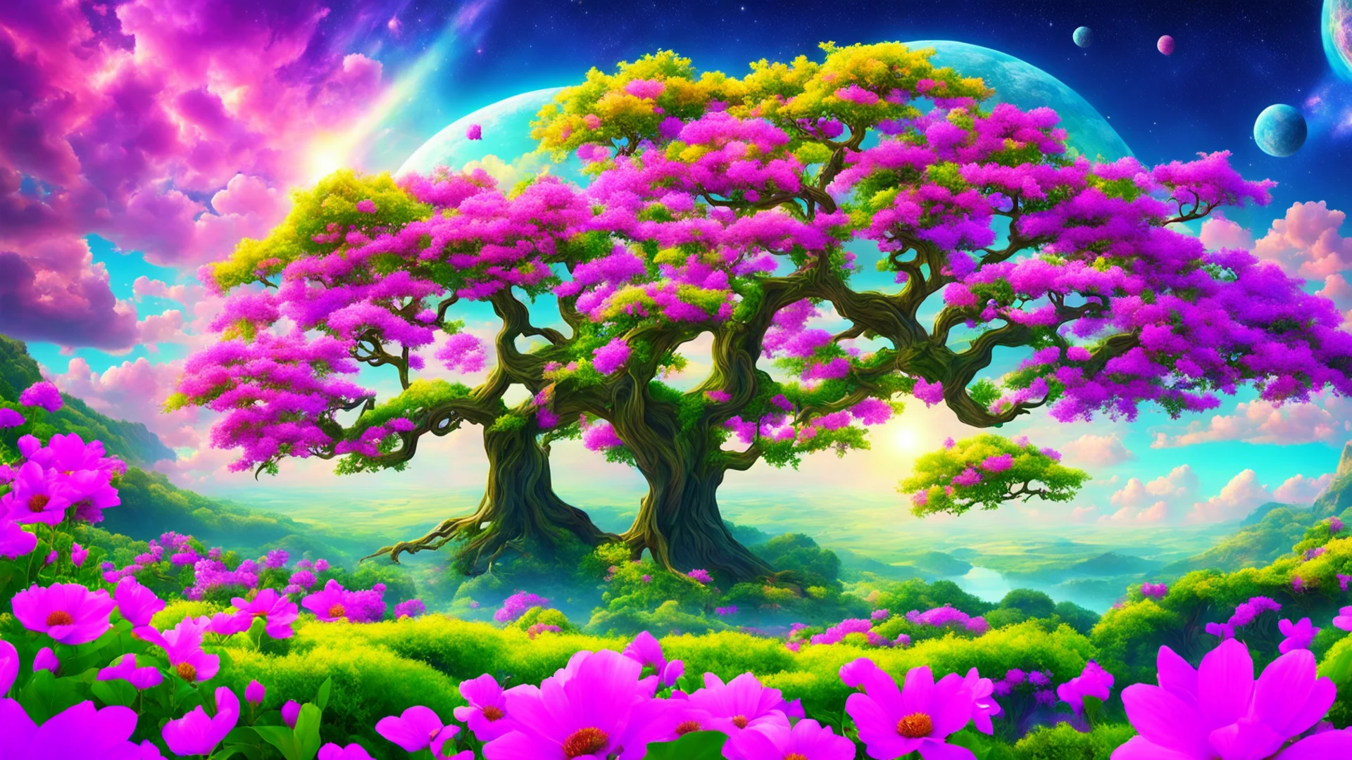 aibeautiful scenery amazing land peaceful flowers colorful world%2C beautiful tree and planet in sky wide