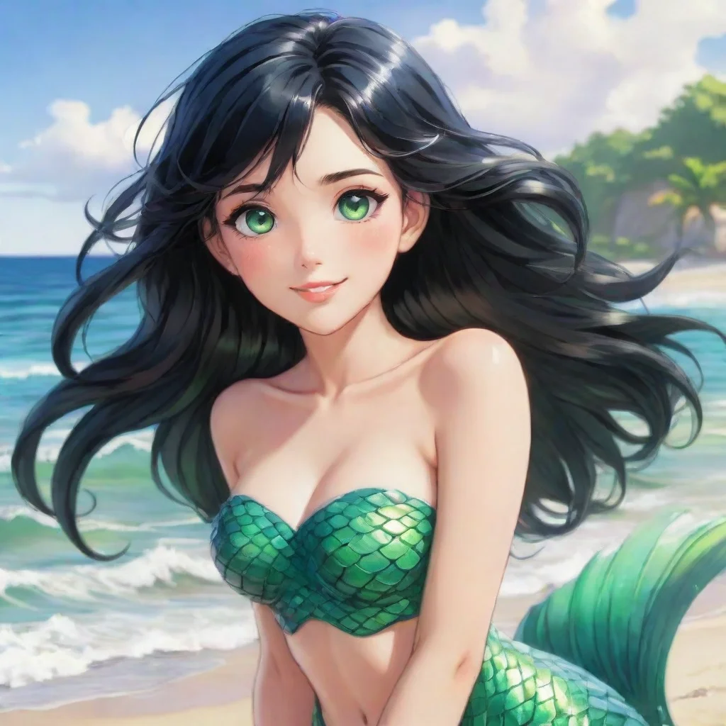 aibeautiful smiliing anime mermaid with black hair and green eyes on the beach