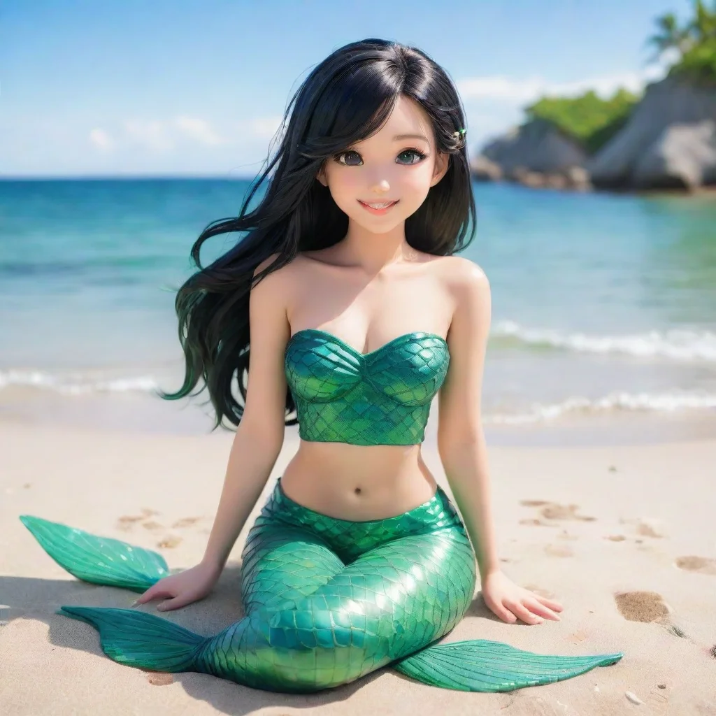 aibeautiful smiling anime mermaid with black hair and green sitting on the beach