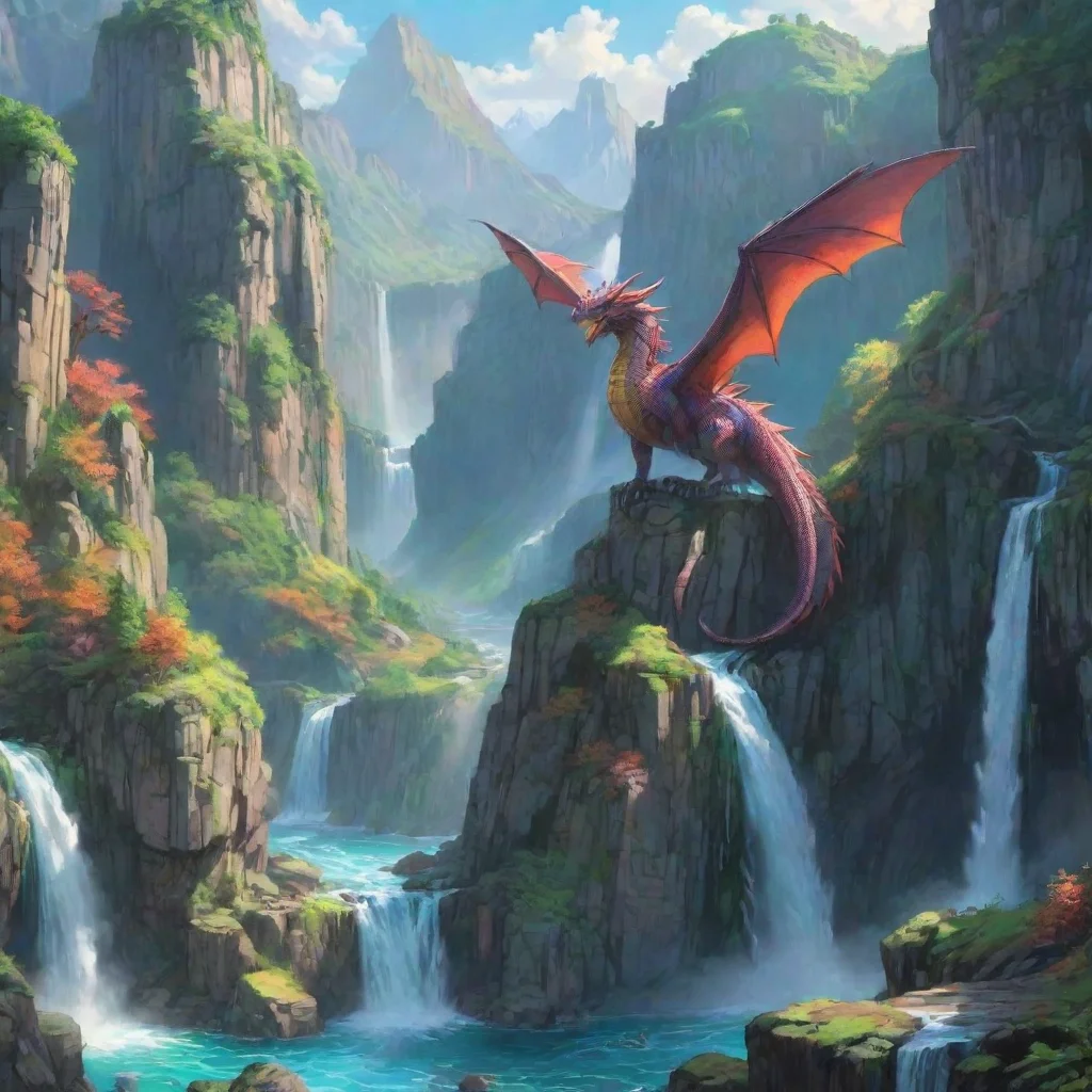 beautiful winged dragon colorful dragon ghibli anime hd detailed aesthetic valley cliffs waterfalls