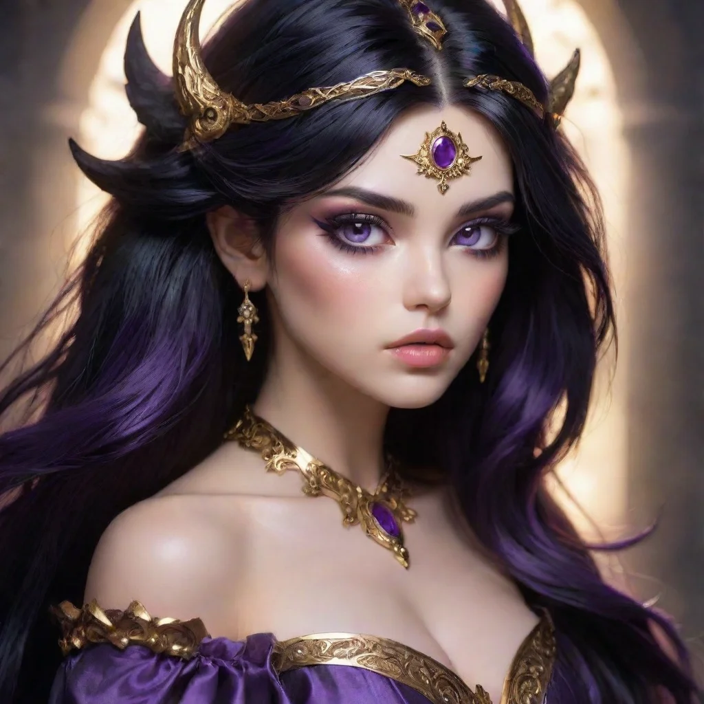 aibeauty grace%2C demon%2C god%2C warrior%2C feminine%2C princess%2C sweet%2C fantasy%2C purple and black hair%2C gold eyes