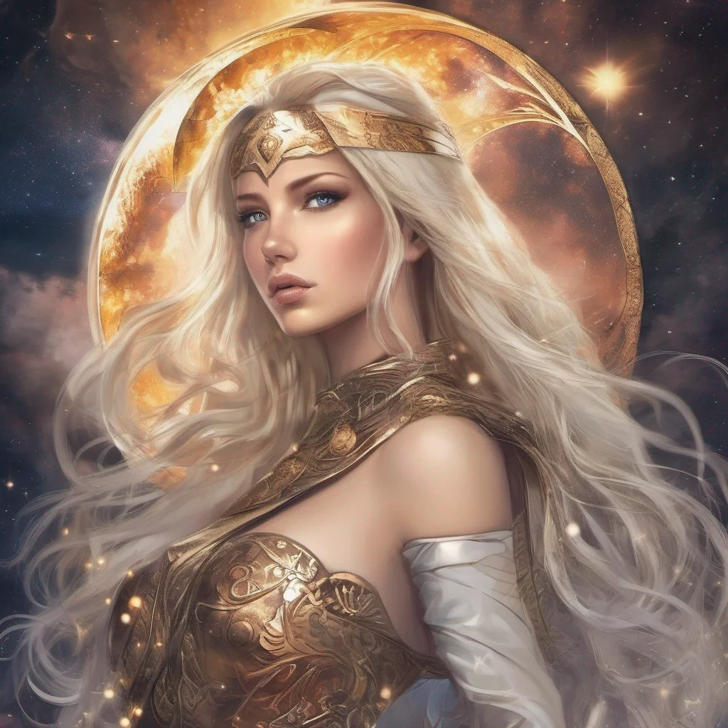 aibeauty grace seductive fantasy art warrior princess goddess celestial blonde blond brown eyes stars sun moon galaxy confident engaging wow artstation art 3