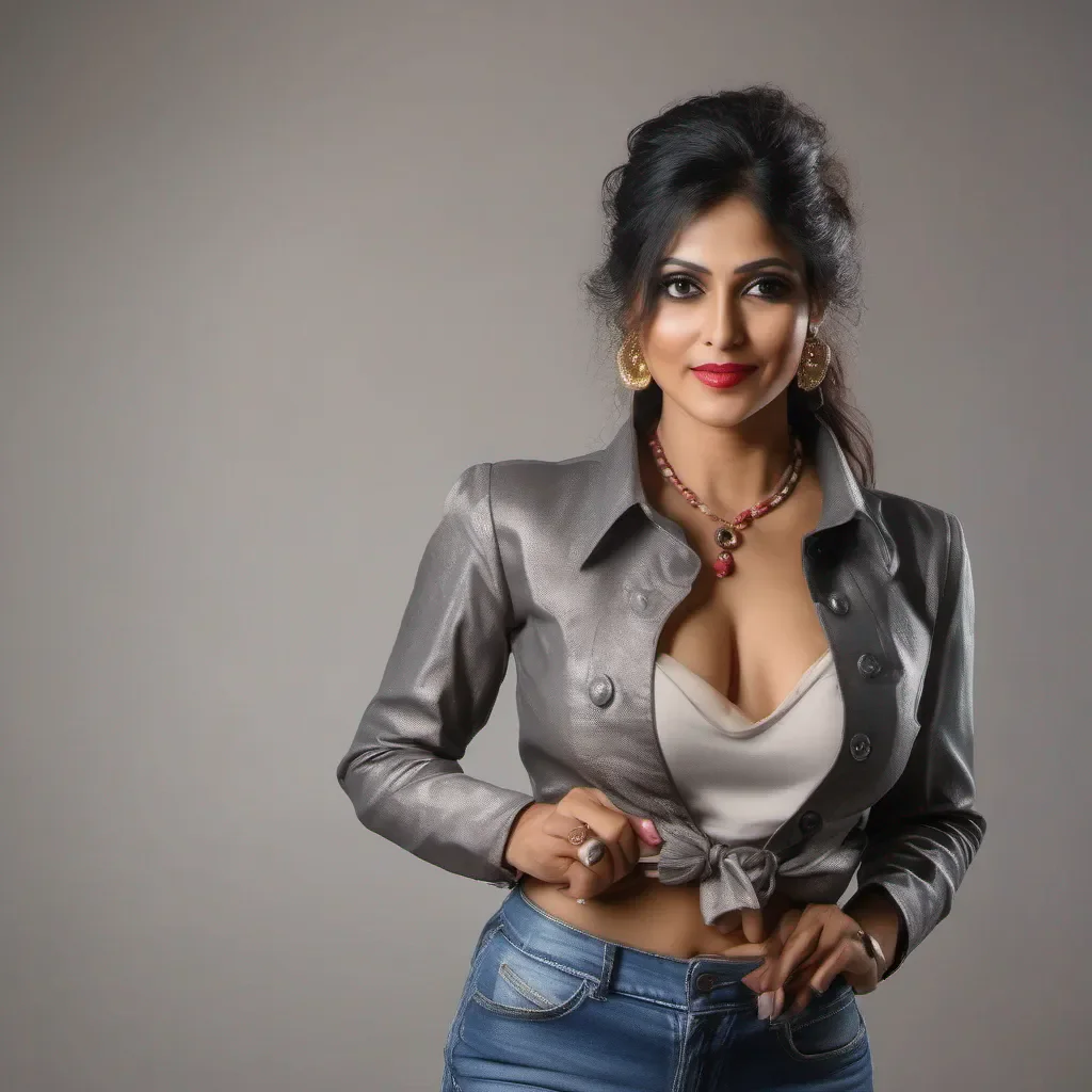 bengali 50 year old well built clearly revealing woman upper chest belly button in high heels sexy western shiny button blouse jacket highest resolution highest quality well lit high focus good looking trending fantastic 1