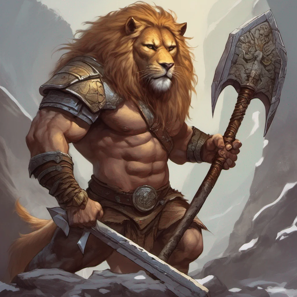 berbarian leonine from dungeons and dragons holding a greataxe fantasy art fantasy art confident engaging wow artstation art 3