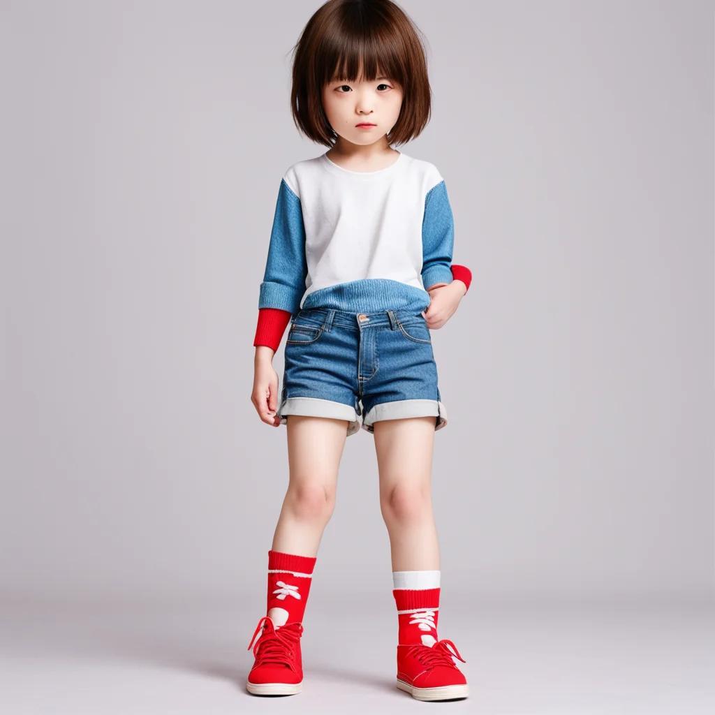 aibest quality%2C kid%2C japanese%2C short brown hair%2C white skin%2C wearing denim shorts%2C red socks.