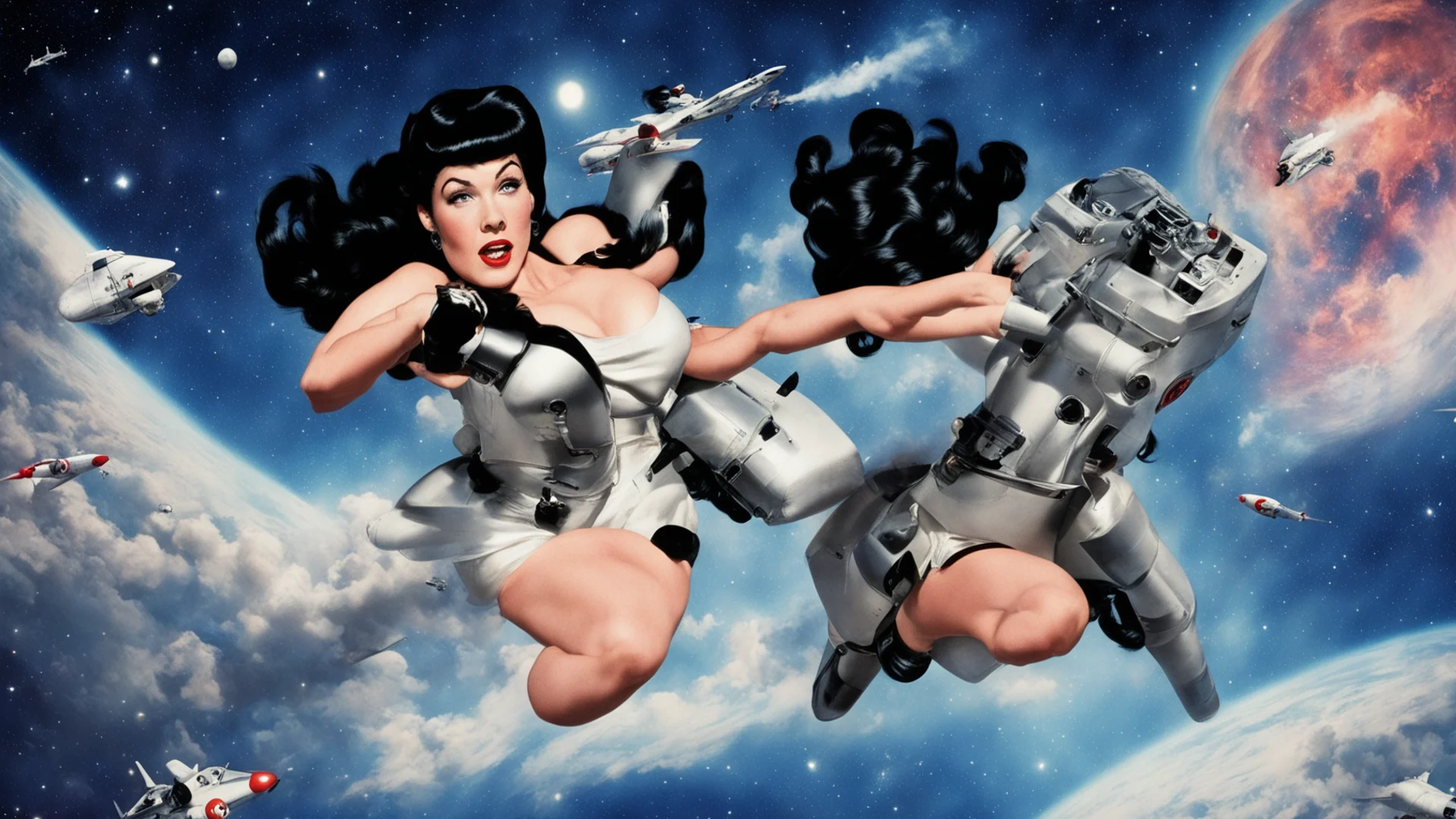 bettie page as a b movie space traveller flying through space with a jet pack amazing awesome portrait 2 wide