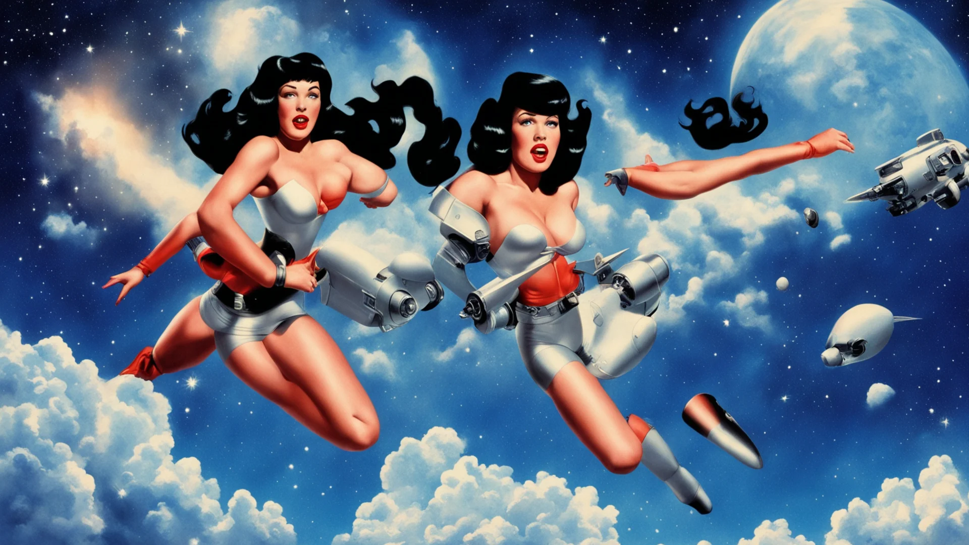 bettie page as a b movie space traveller flying through space with a jet pack confident engaging wow artstation art 3 wide