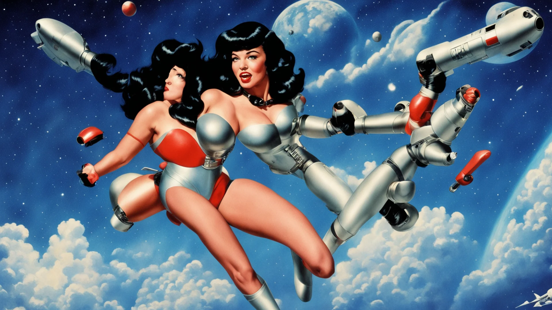 bettie page as a b movie space traveller flying through space with a jet pack good looking trending fantastic 1 wide