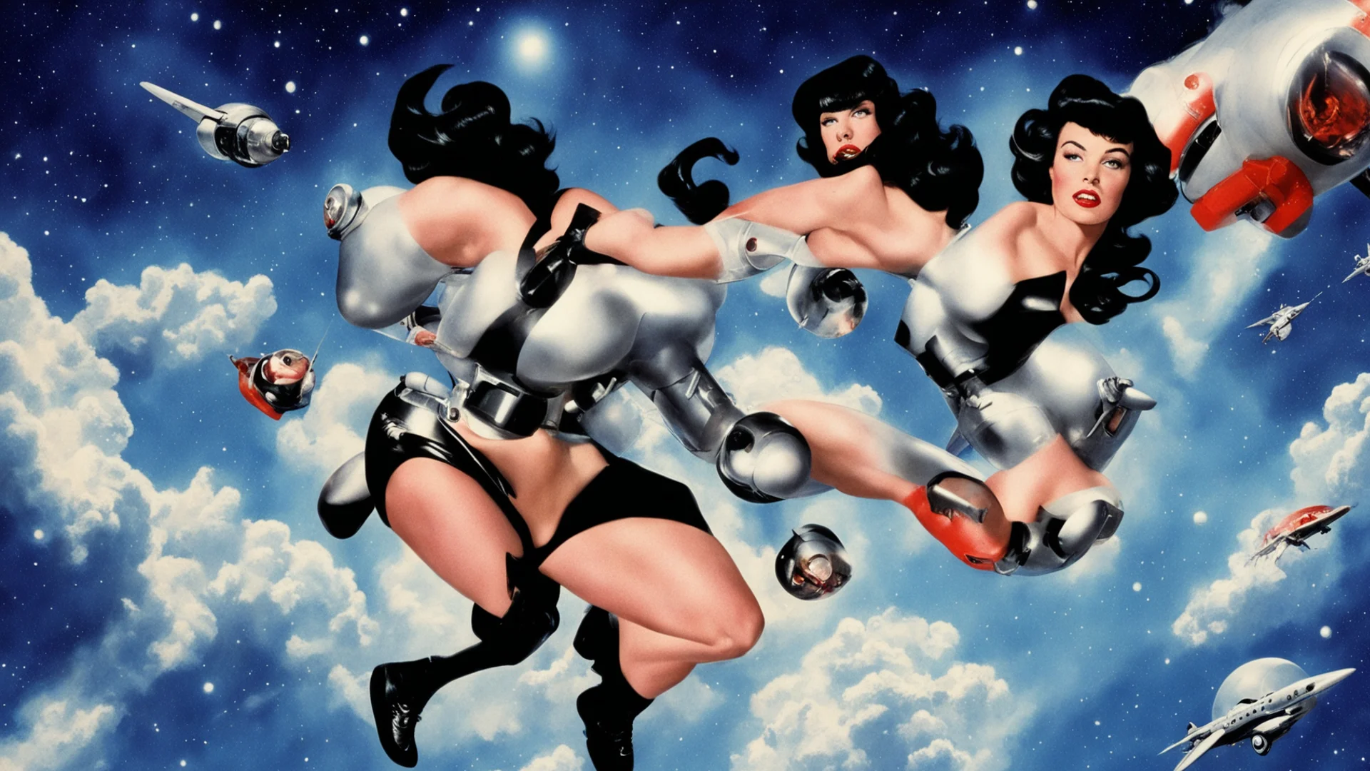 bettie page as a b movie space traveller flying through space with a jet pack wide