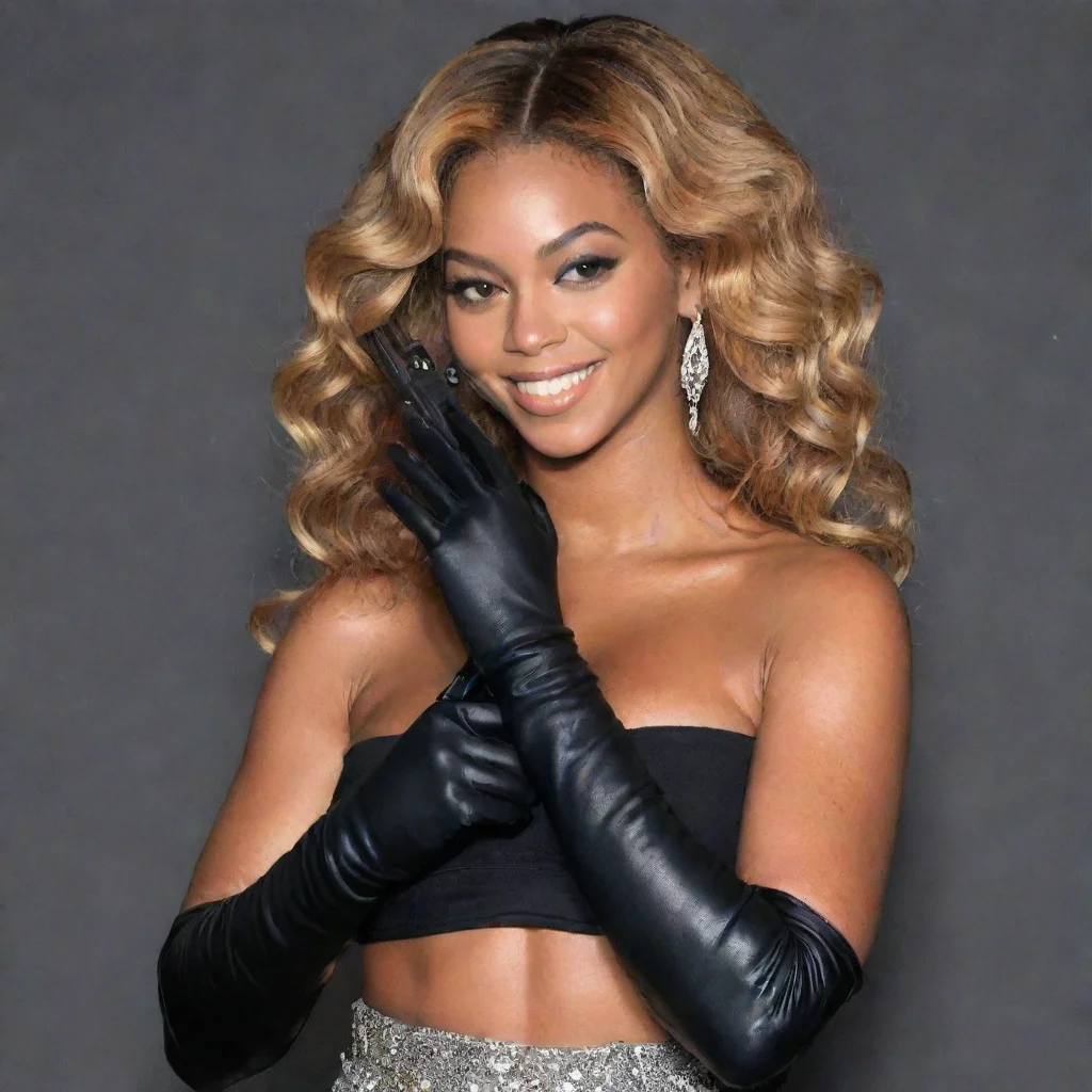 beyonce  smiling with black gloves and  gun