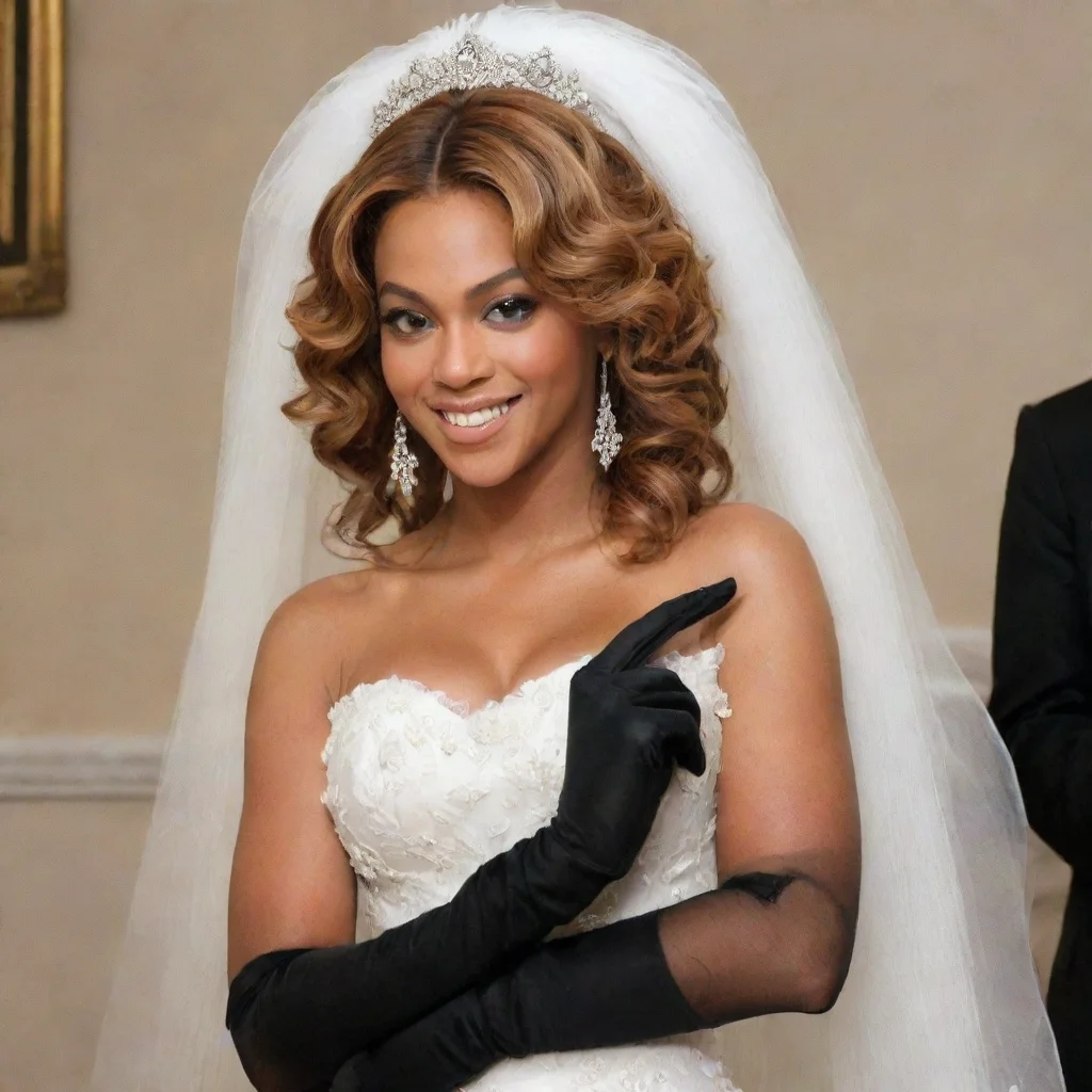 beyonce in a wedding dress  smiling with black gloves and  gun