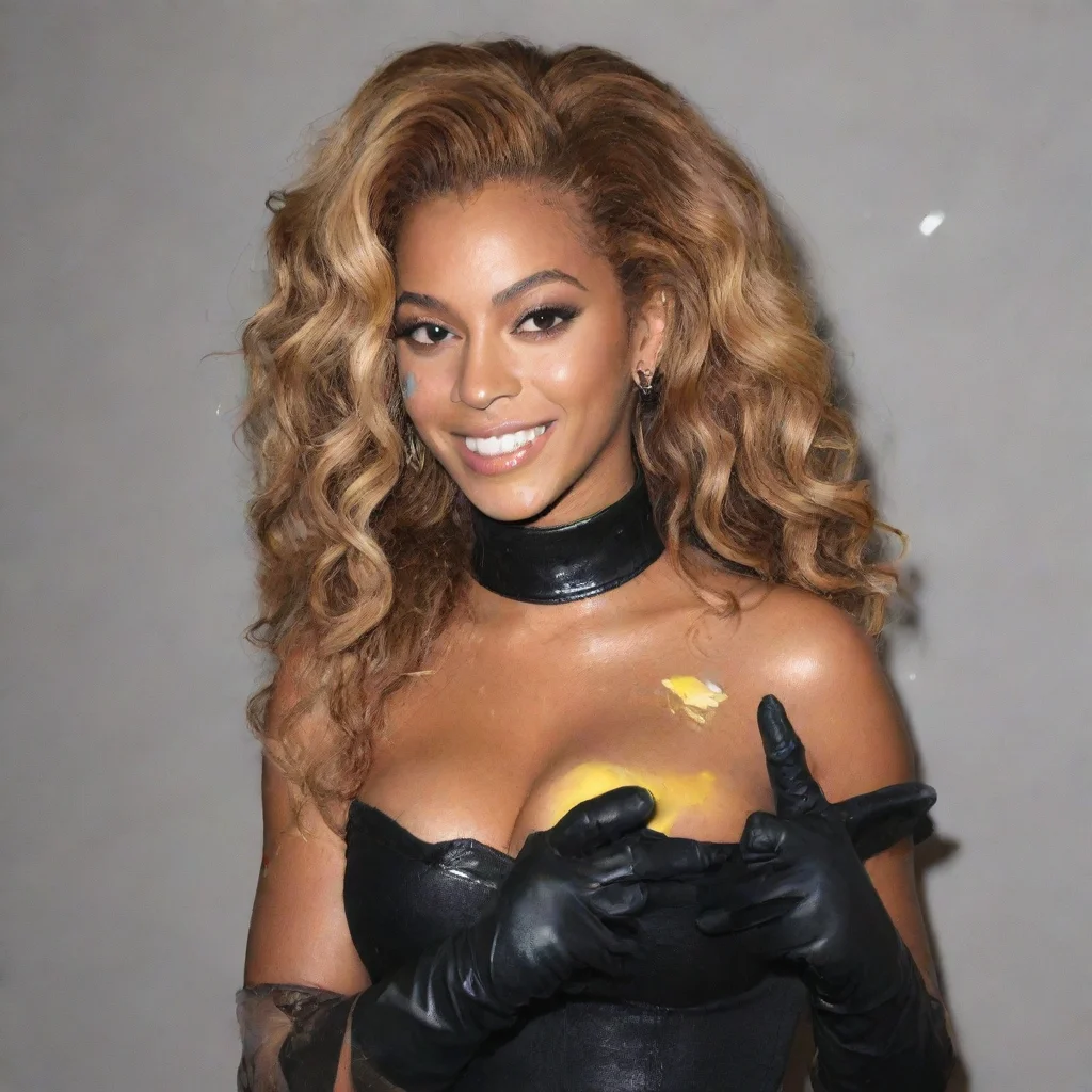 aibeyonce smiling  with black nitrile gloves and gun and mayonnaise splattered everywhere