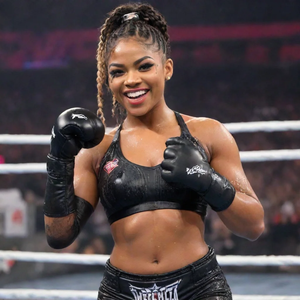 aibianca belair  at wrestlemania 37 smiling with black deluxe gloves and gun and mayonnaise splattered everywhere