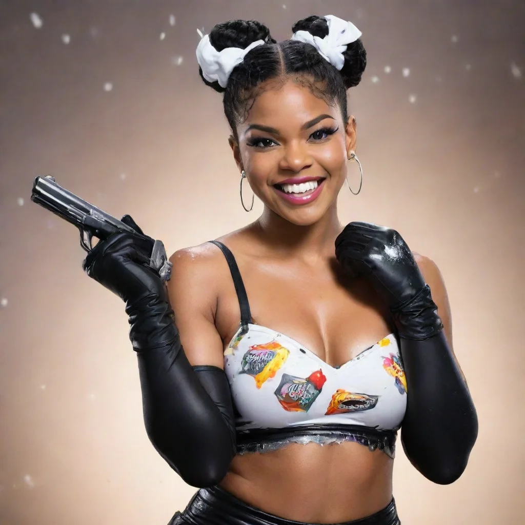 aibianca belair smiling with black deluxe gloves and gun and mayonnaise splattered everywhere