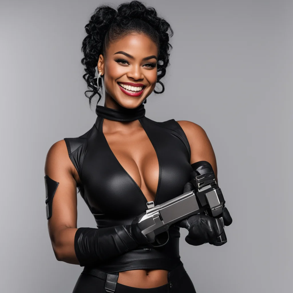 bianca belair smiling with black nitrile gloves holding a gun   confident engaging wow artstation art 3