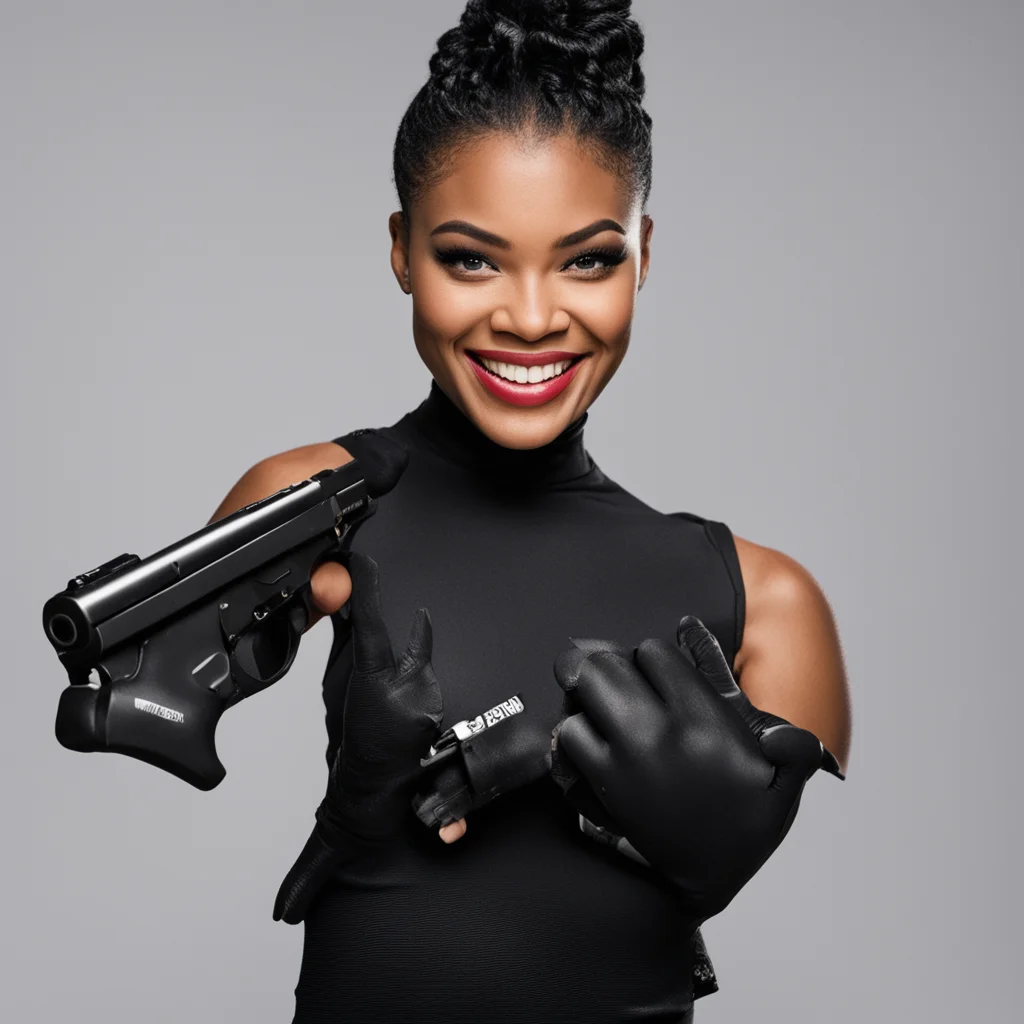aibianca belair smiling with black nitrile gloves holding a gun   good looking trending fantastic 1
