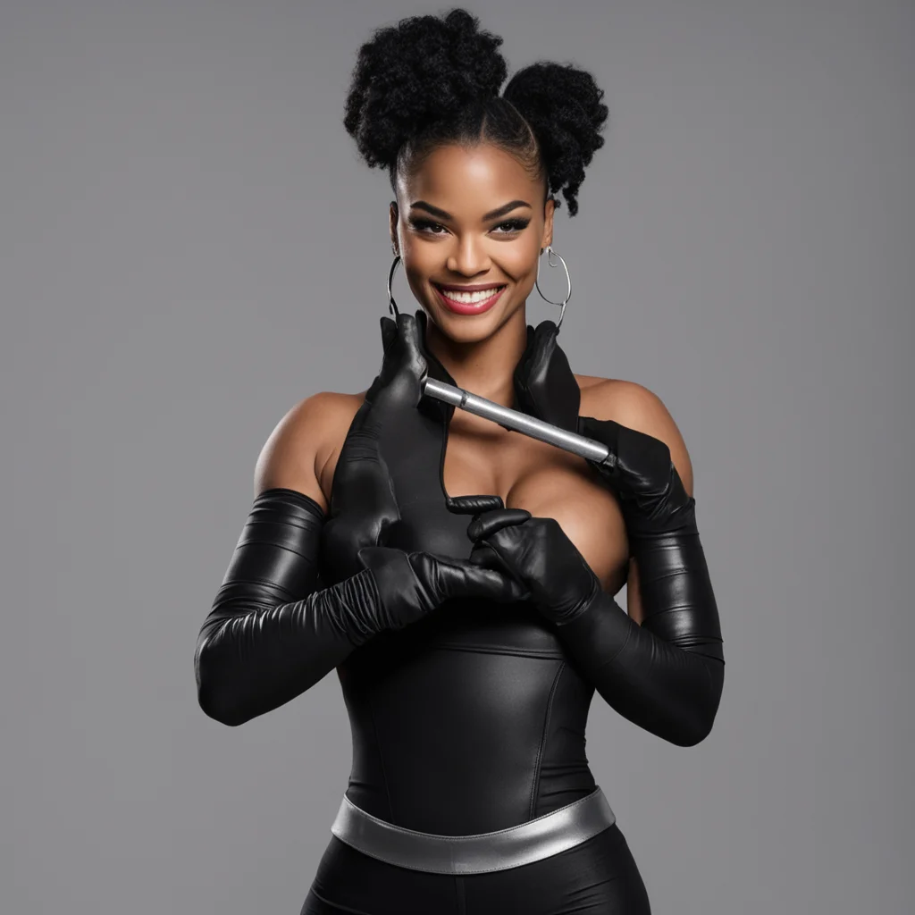 aibianca belair smiling with black nitrile gloves holding a gun  