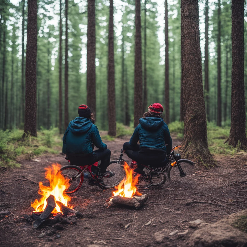 bikepacker couple campfire camping forrest