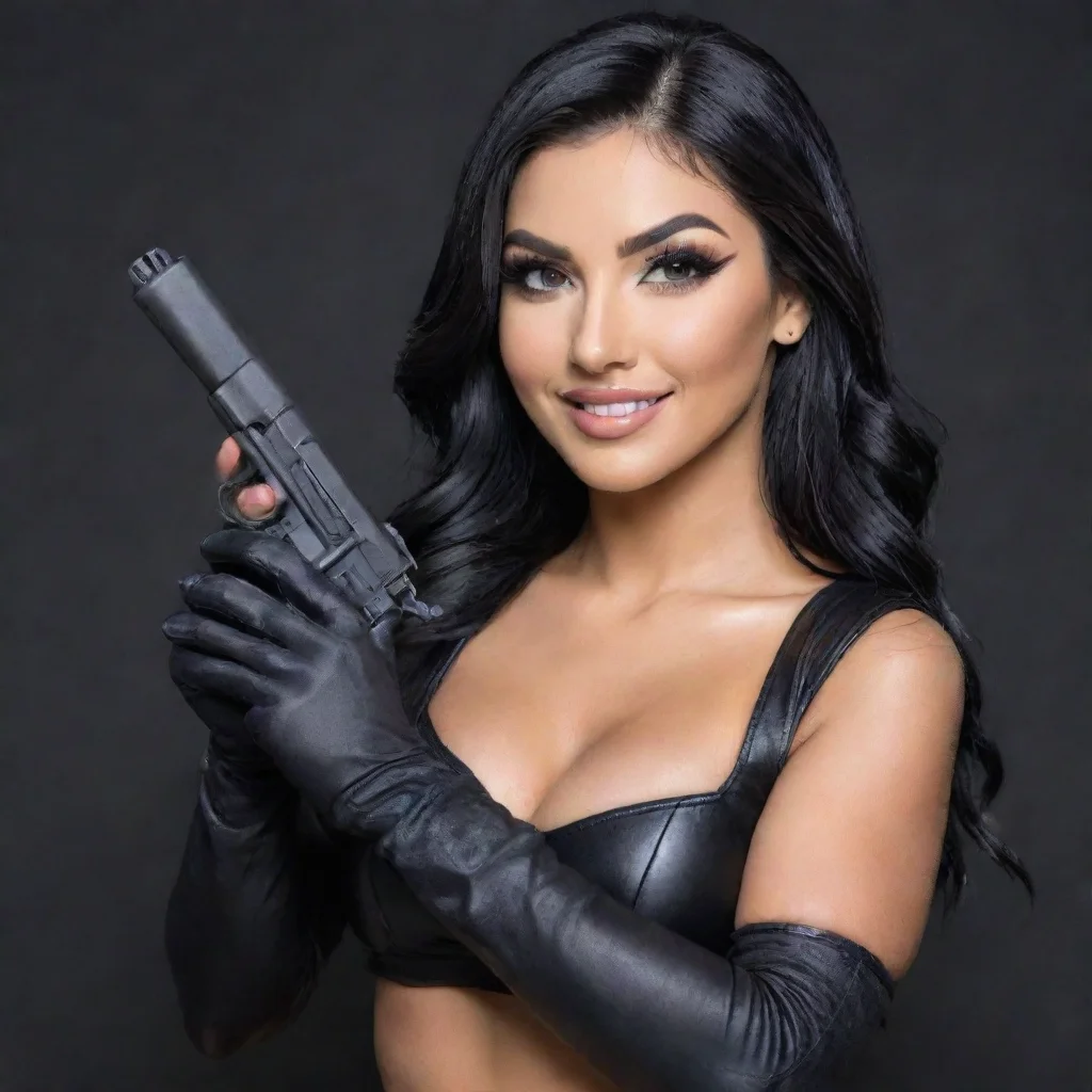 aibillie kay from the iiconics  smiling with black gloves and gun