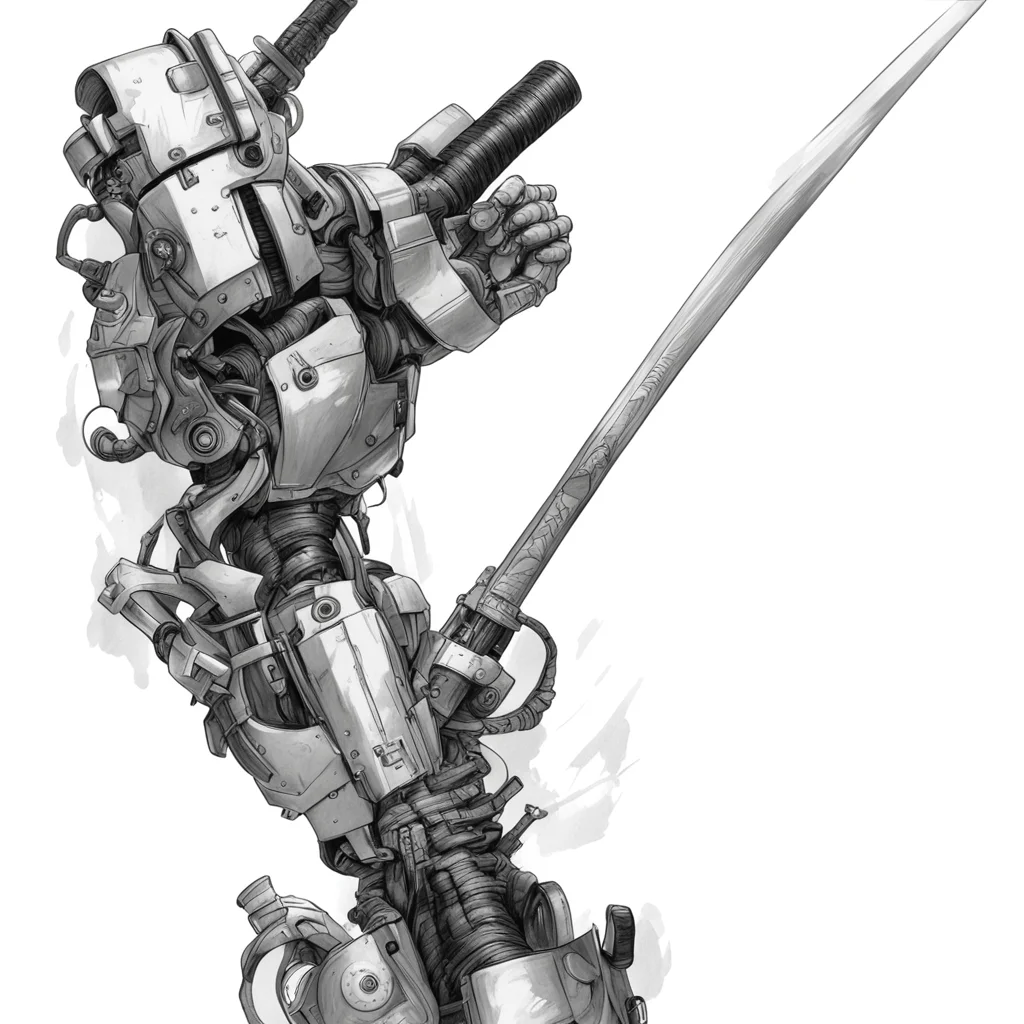 aiblack and white%2C drawing%2C cybernetic arm with fist holding a samurai sword amazing awesome portrait 2