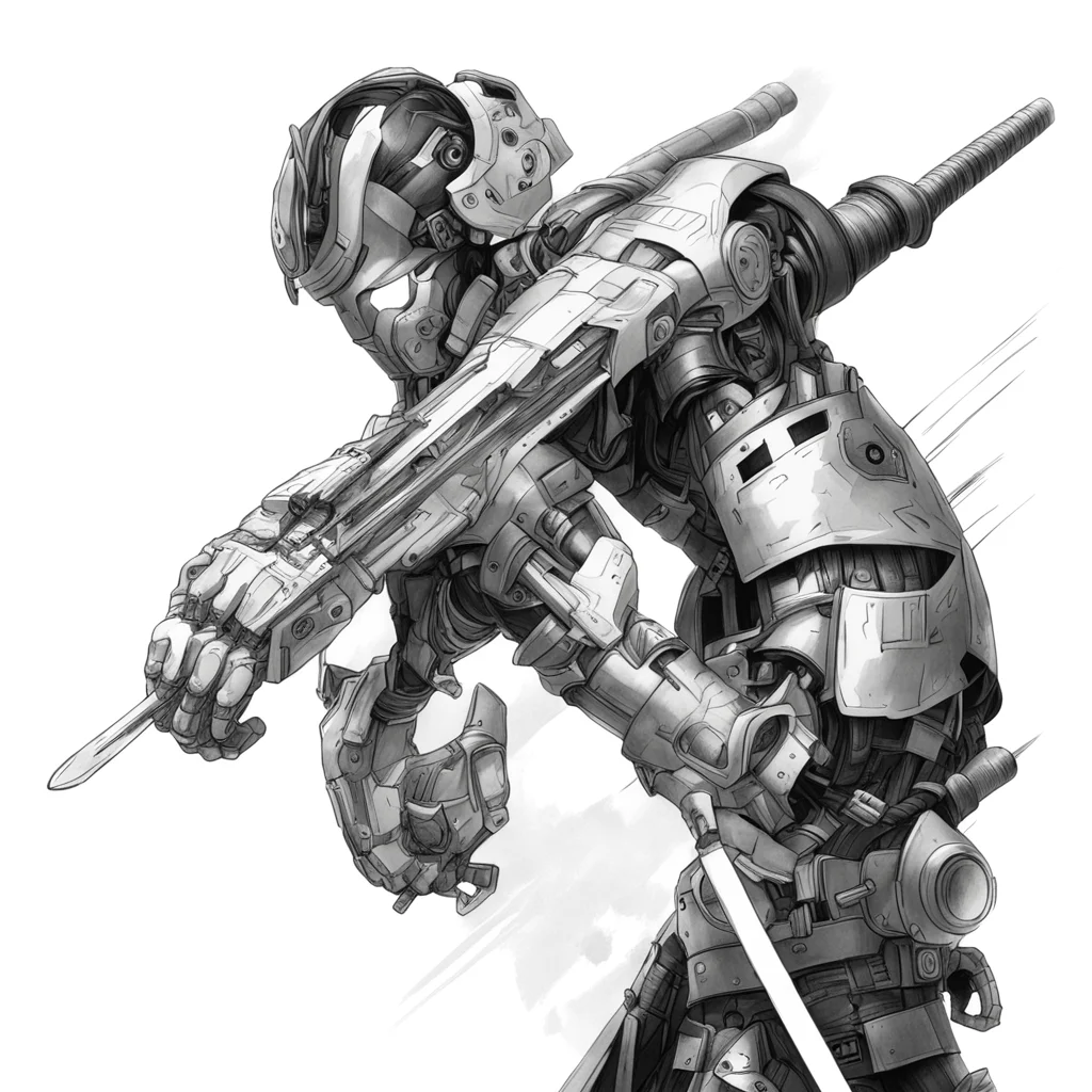 aiblack and white%2C drawing%2C cybernetic arm with fist holding a samurai sword