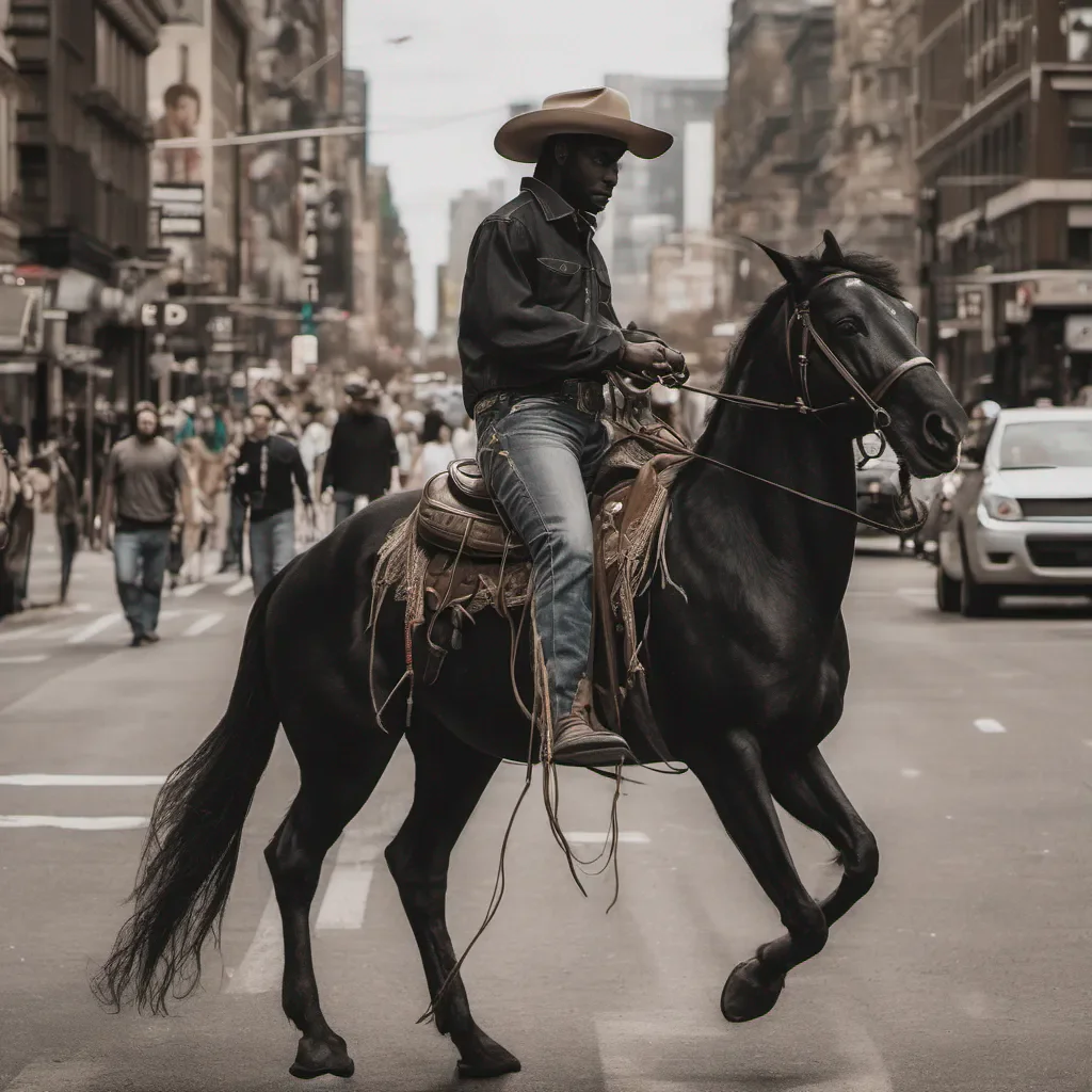black cowboy on a horse in the middle of a busy street amazing awesome portrait 2