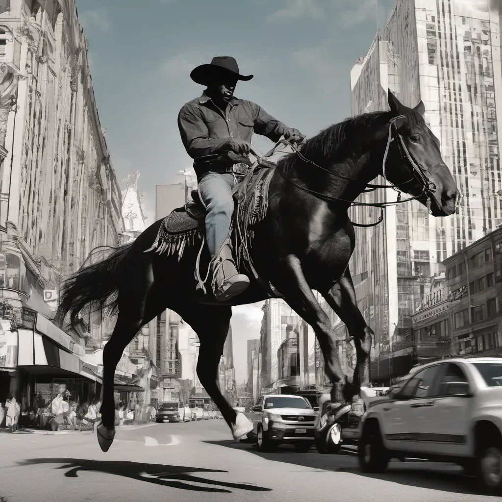 black cowboy on a horse in the middle of a busy street confident engaging wow artstation art 3